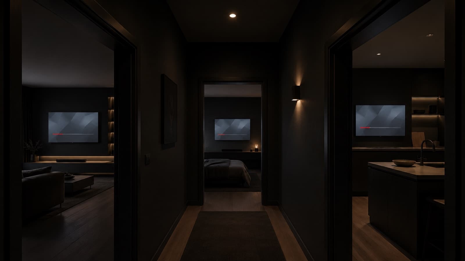 A dark home at night with a smart TV glowing in three different rooms, each screen showing a sponsor segment highlighted in red on the playback timeline.